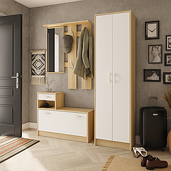 Стильний модульний передпокій з шафою тумбою для взуття та дзеркалом 155 см Оріон Мебель Сервіс білий, дуб сонома