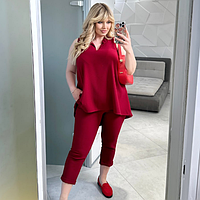 Літній брючний жіночий костюм з асиметричною тунікою та штанами бордо красивий костюм для повних жінок 48-62