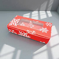 Коробка для пряників з вікном та ложементом (185х95х35мм.) чорвона з білими сніжинками