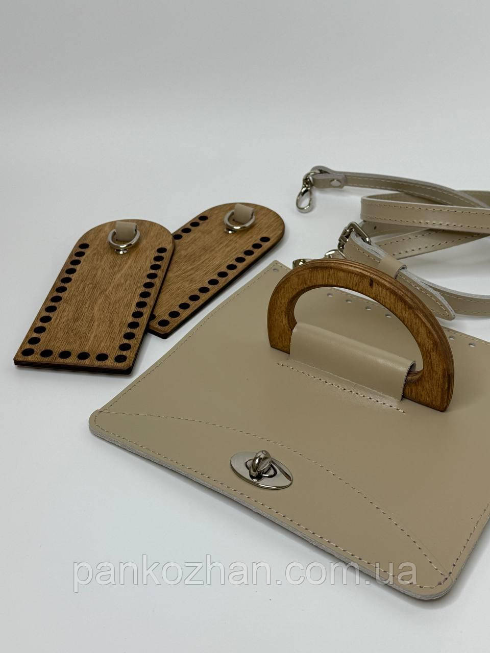 Набір шкіряної фурнітури на набір до МК Соломія, колір айворі, метал срібло, дерево горіх, фото 1