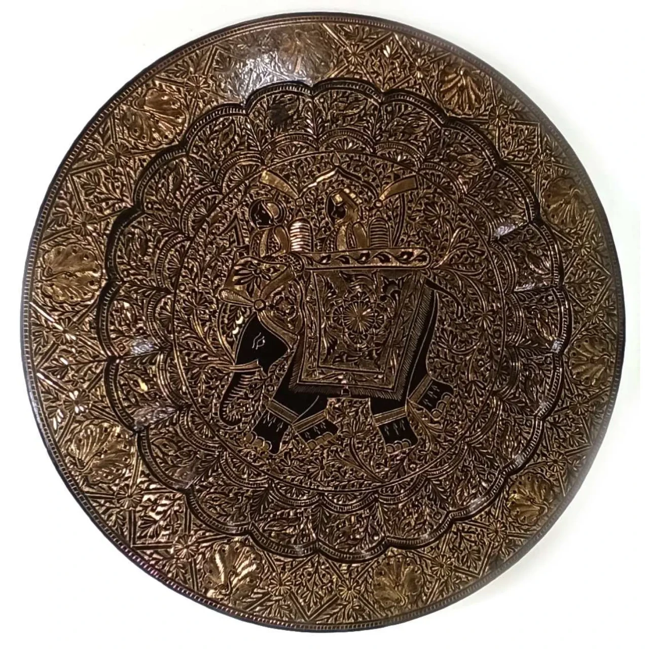 Сувенірна латунна тарілка з індійським слоном і павичами для настінного декору, 49 см, фото 1