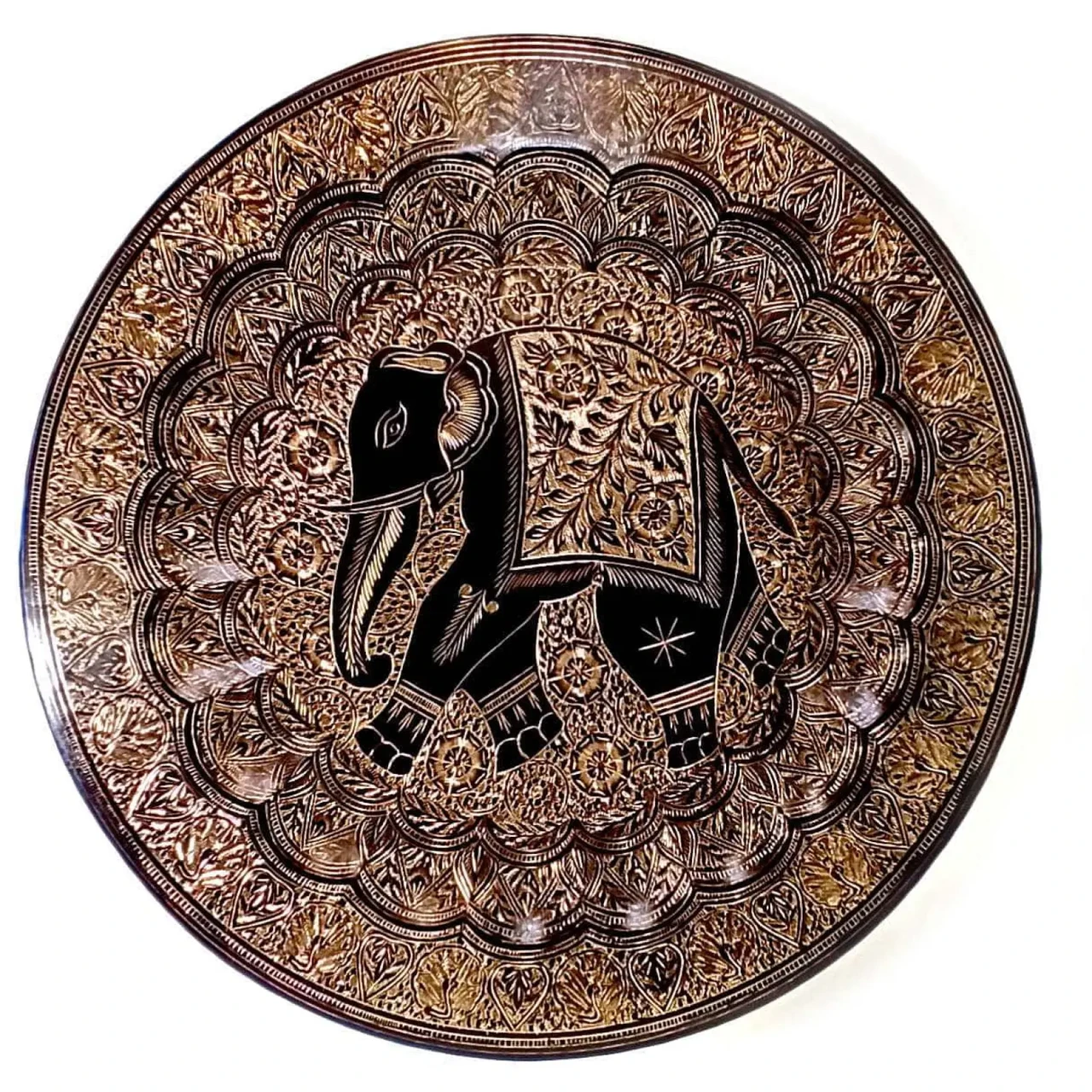 Сувенірна латунна тарілка з індійським слоном і павичами для настінного декору, 49 см, фото 1
