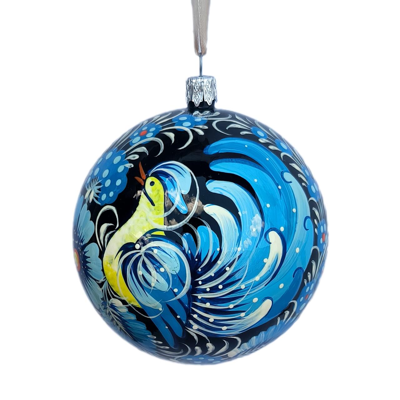 Ялинкова куля 8 см "Синій, сині квіти з пташкой" з петриківським розписом, подарункова коробка в комплекті