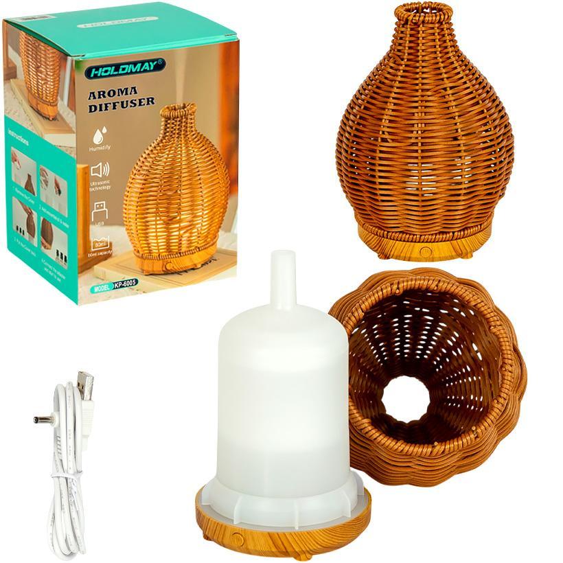 Зволожувач повітря аромадифузор для дому у вигляді плетеної вази з LED підсвічуванням, ультразвуковий, ємність 80 мл