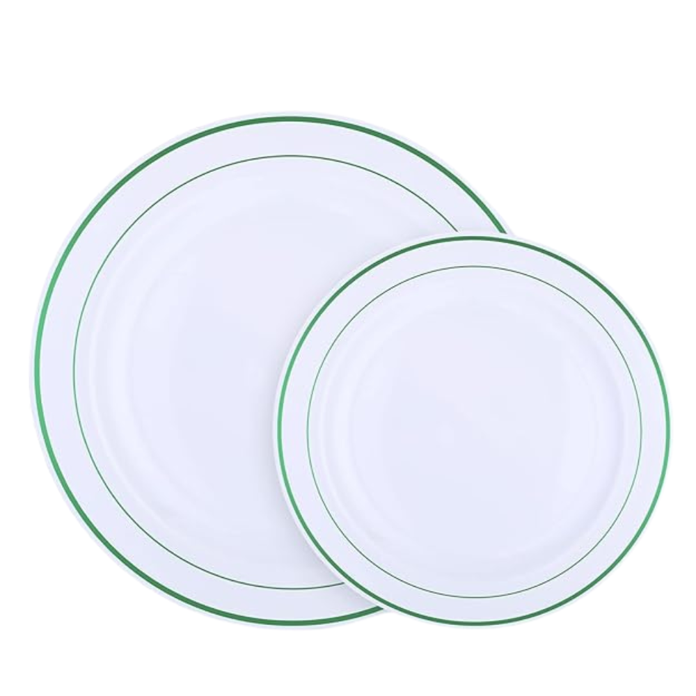 Набір тарілок пластикових круглі 12 шт, десертні 19 см і обідні 26 см, білі з зеленим контуром, фото 1