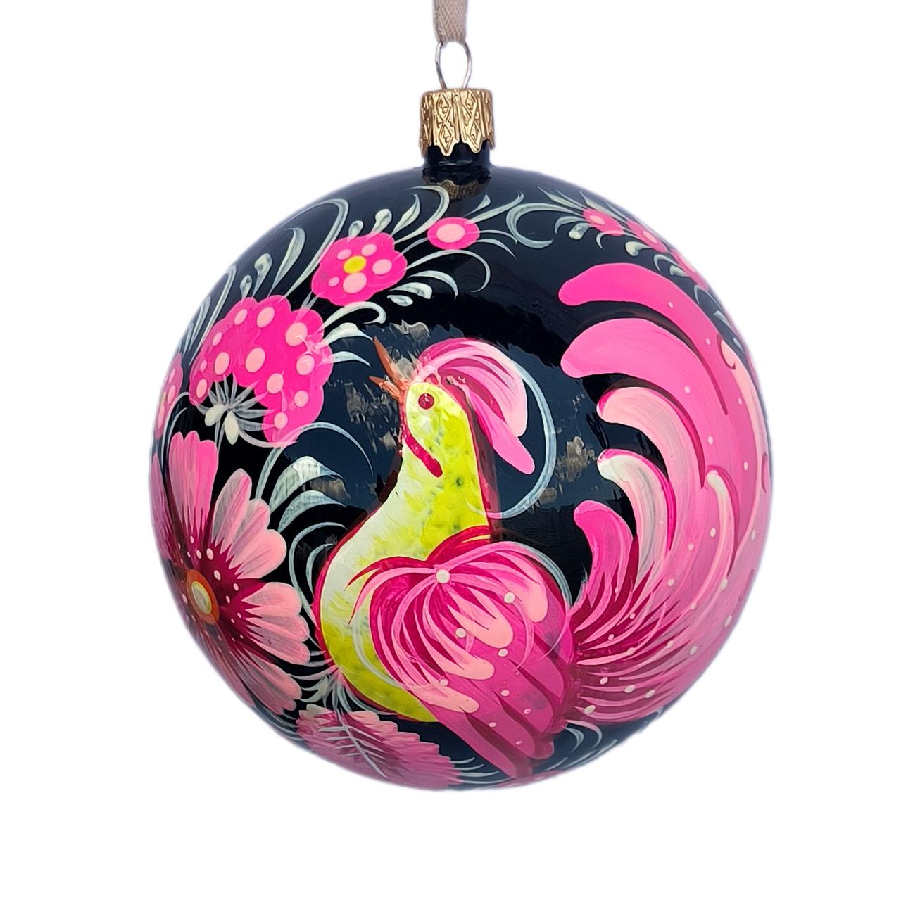 Ялинкова куля 10 см. "Чорний, рожева пташка, рожева квітка" з петриківським розписом, подарункова коробка в комплекті