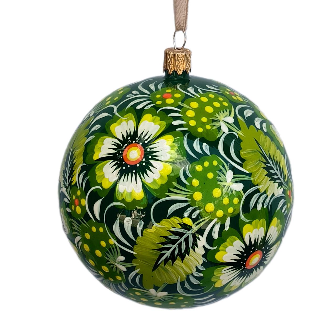 Ялинкова куля 8 см "Зелена тональність" з петриківським розписом, подарункова коробка в комплекті