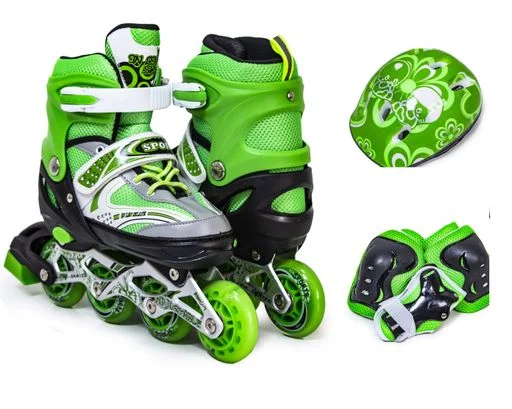 Дитячі ролики з переставними колесами, з наколінниками, налокітниками та шоломом Happy. Зелений колір. Розмір