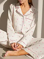 Піжама жіноча жатка Сердечка Молочна S Піжамний комплект для дівчат Красива піжама
