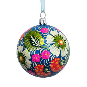 Ялинкова куля 8 см "Блакитний, червона калина, біла квітка" з петриківським розписом, подарункова коробка в комплекті, фото 1