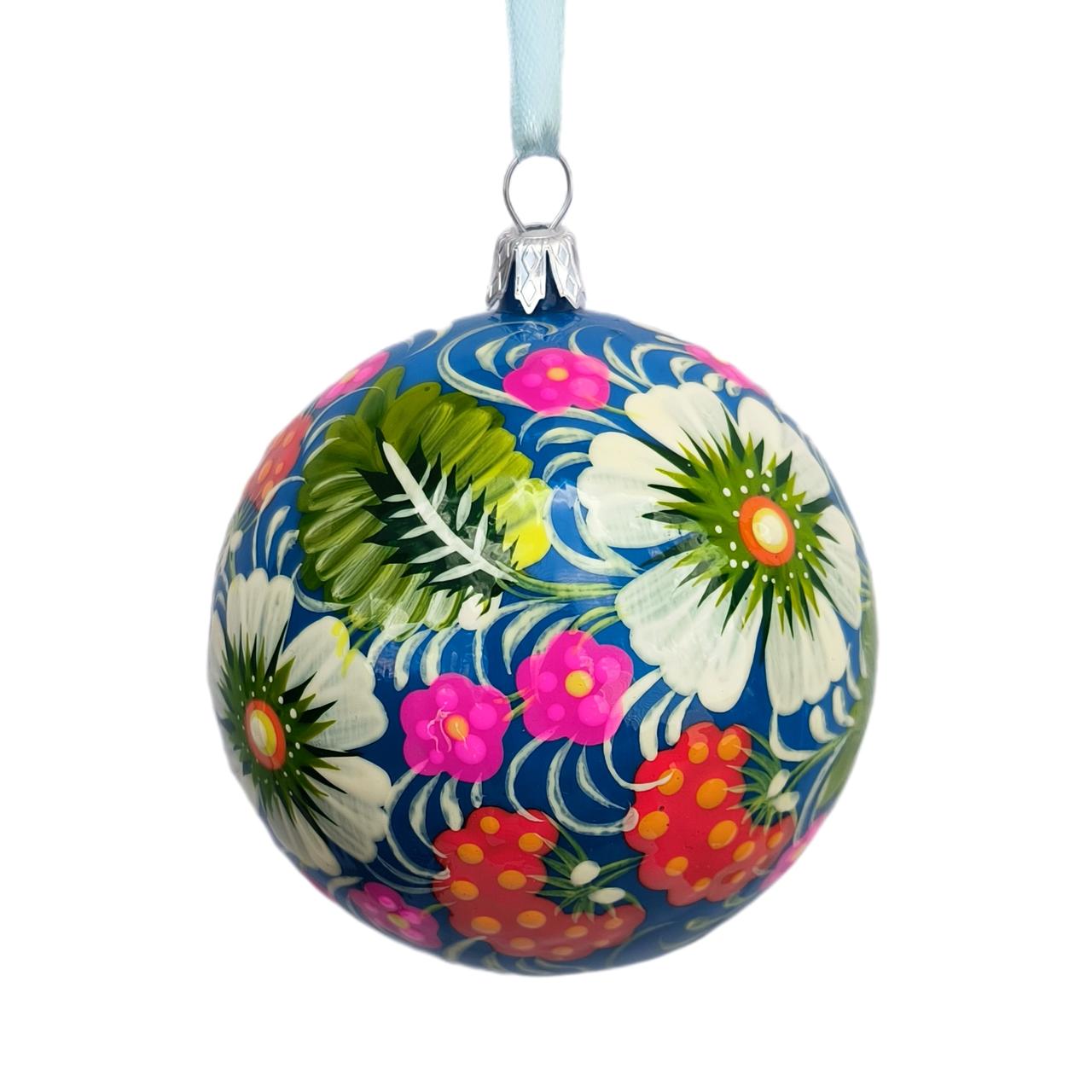 Ялинкова куля 8 см "Блакитний, червона калина, біла квітка" з петриківським розписом, подарункова коробка в комплекті