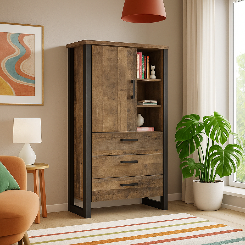 Сучасна низька книжкова шафа пенал 1Д3Ш у стилі лофт у вітальню зал Емілі Мебель Сервіс 87 см