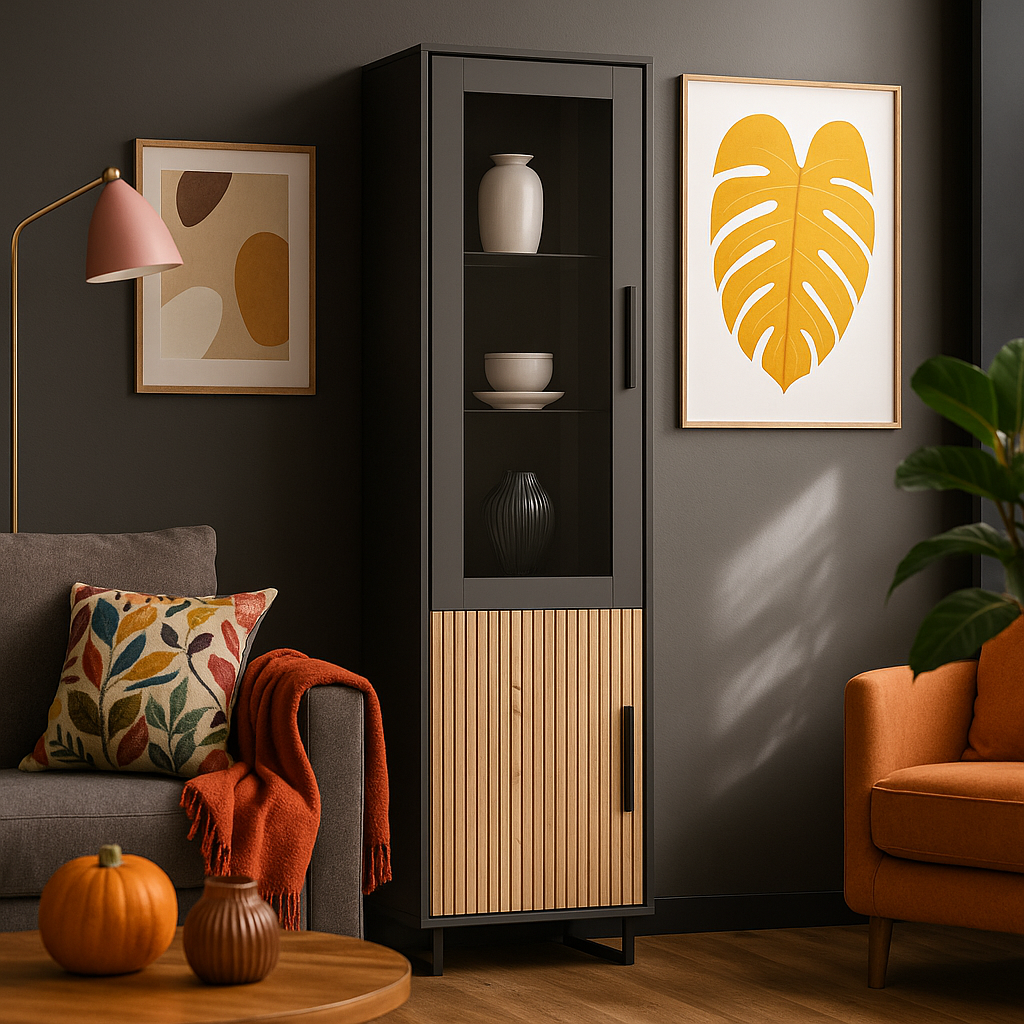 Сучасна скляна сіра пенал вітрина 1В1Д для посуду на ніжках у стилі лофт у вітальню зал Стелла Мебель Сервіс