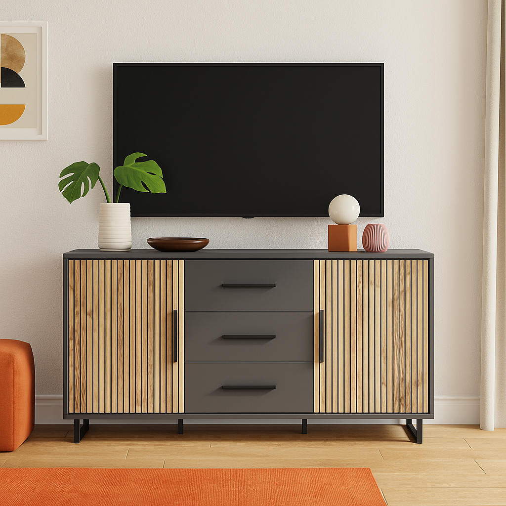 Великий низький довгий сірий комод 2Д3Ш лофт на ніжках з шухлядами дверцятами у вітальню Стелла Мебель Сервіс