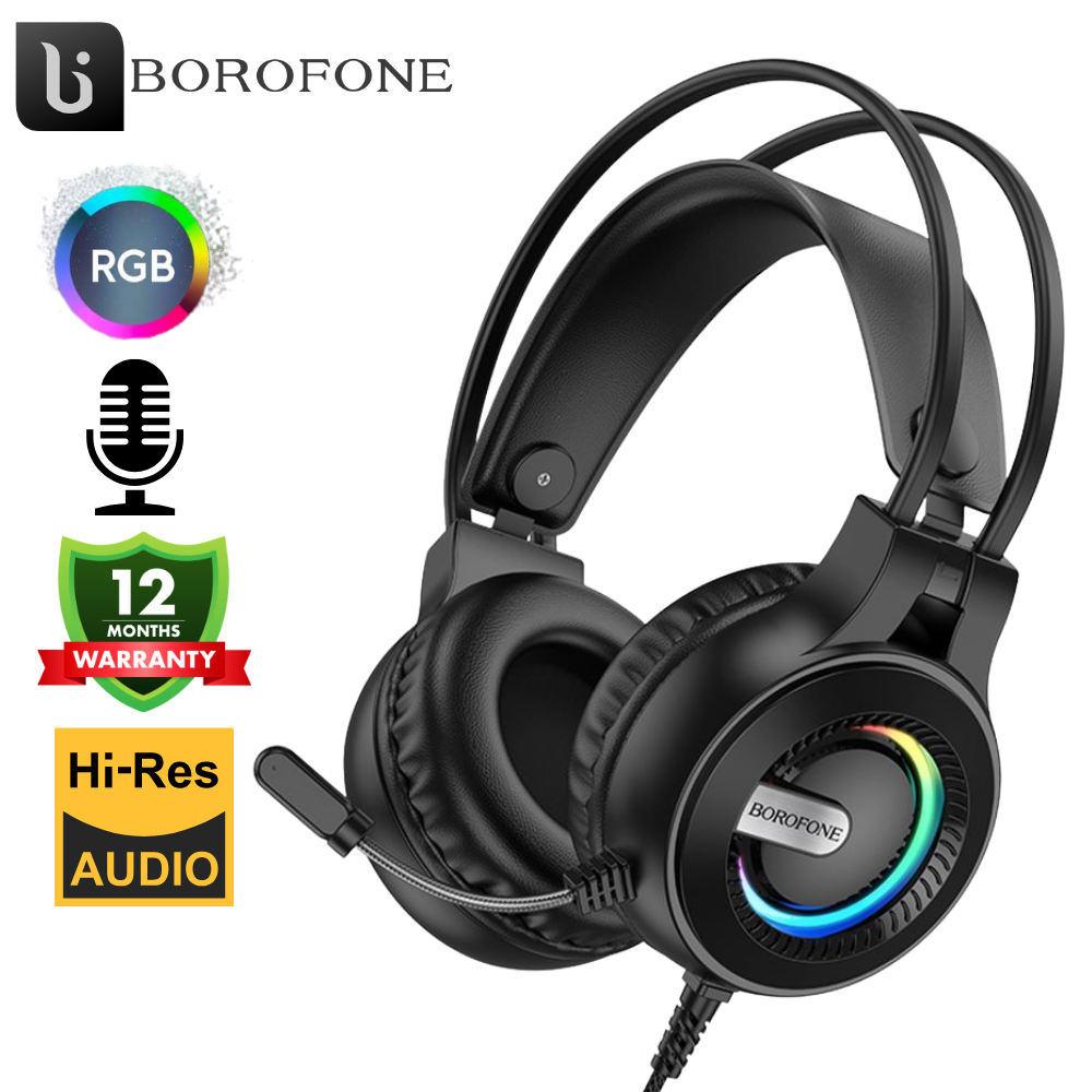 Навушники накладні для комп'ютера повнорозмірні ігрова гарнітура з мікрофоном підсвічуванням чорні Borofone, фото 1