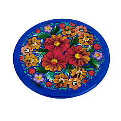 Сувенірна тарілка магніт "Синя з квітами" 10 см, з петриківським розписом.