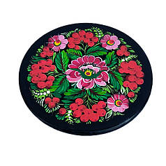 Сувенірна тарілка магніт "Чорна з червоною калиною" 10 см, з петриківським розписом.