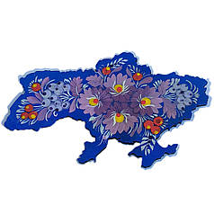 Магніт "Карта України, фіолетові квіти" 12*8 см., з Петриківським розписом фанерна