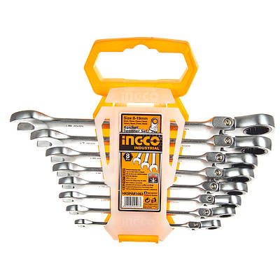 Набір гайкових ключів з тріскачкою ріжкові-накидні храпові 8-19 мм. 8 шт. INGCO INDUSTRIAL