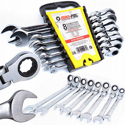 Набір гайкових ключів з тріскачкою на кардані ріжкових-накидних 8 шт. 8-19 мм. Mar-Pol / Гайкові ключі храпові