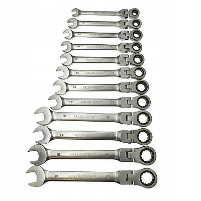 Набір гайкових ключів рожково-накидних Falon‑Tech FT7712 з тріскачкою на кардані 8-19мм. 12 шт / Гайкові ключі