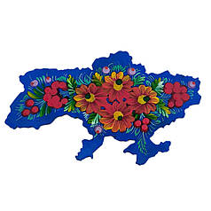 Магніт "Карта України, червоні квіти на синьому фоні" 12*8 см., з Петриківським розписом фанерна