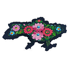 Магніт "Карта України, червоно-рожеві квіти" 12*8 см., з Петриківським розписом фанерна