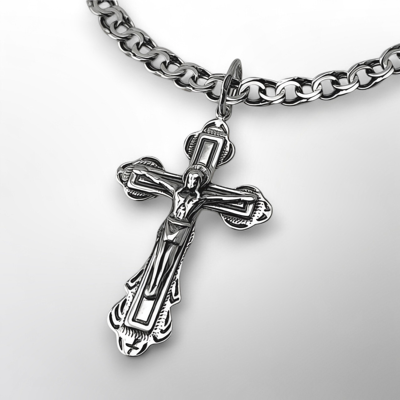 КОМПЛЕКТ: СРІБНИЙ ЛАНЦЮЖОК з ХРЕСТИКОМ, 925 проба, БІСМАРК, чорніння, 11.5 г + 3.65 г, 55 см, фото 1