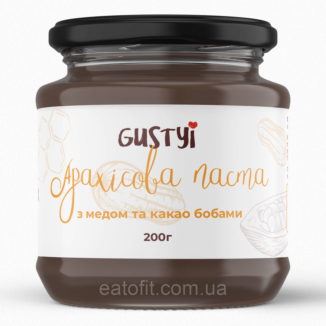 Арахісова паста, з медом та какао бобами, ТМ Gustyi, 200г, фото 1