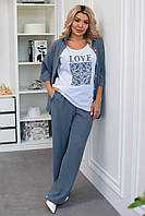 Костюм женский тройка из креп-жатки футболка, рубашка и брюки (Батал), фото 7