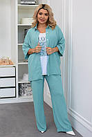 Костюм женский тройка из креп-жатки футболка, рубашка и брюки (Батал), фото 5