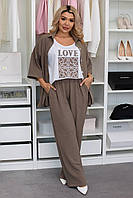 Костюм женский тройка из креп-жатки футболка, рубашка и брюки (Батал), фото 3