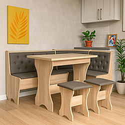 Маленький універсальний обідній кухонний куток ДСП з розкладним столом і пуфами 2 шт. на кухню Мебель Сервіс дуб сонома
