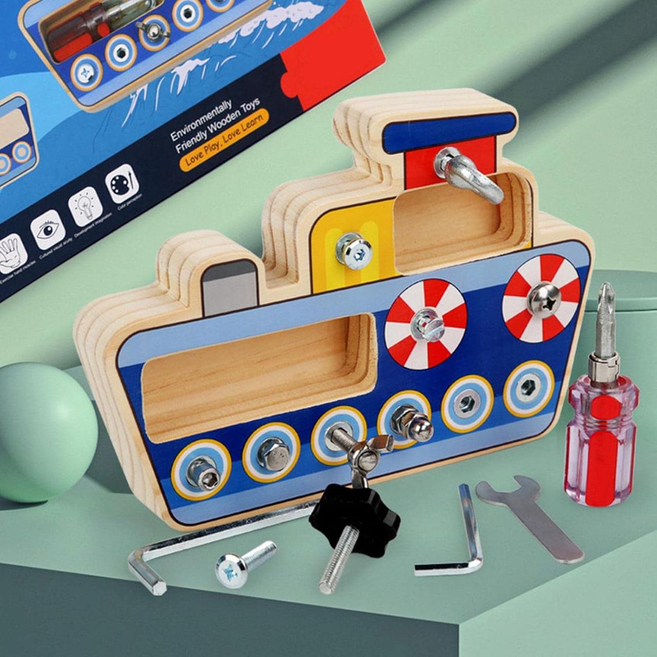 Інтерактивна розвивальна іграшка Кораблик бізіборд з інструментами / Пальчикові ігри болти дитячий розвиток, фото 1