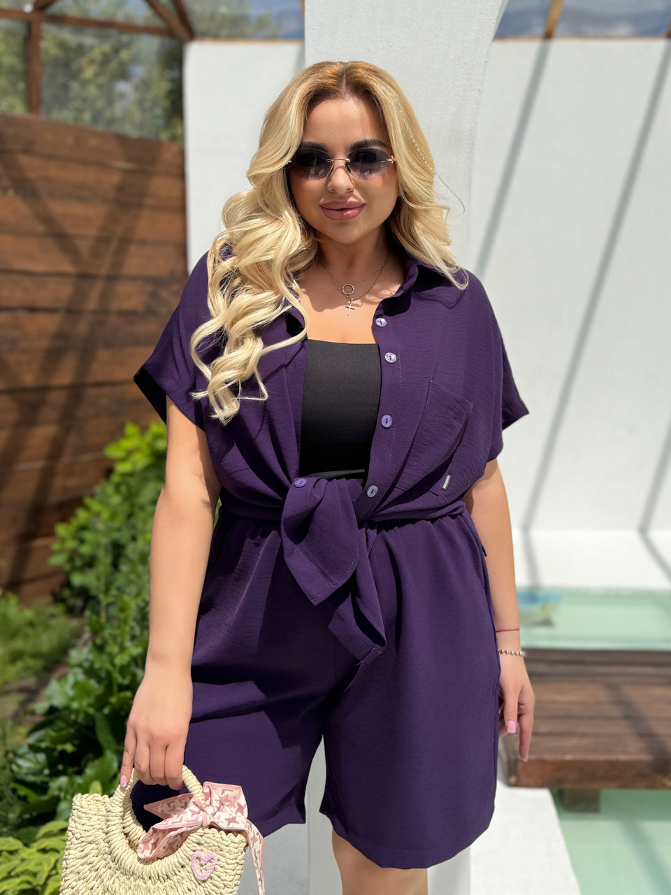 Жіночий літній прогулянковий костюм: сорочка короткий рукав і шорти з кишенями, батал великі розміри, фото 1