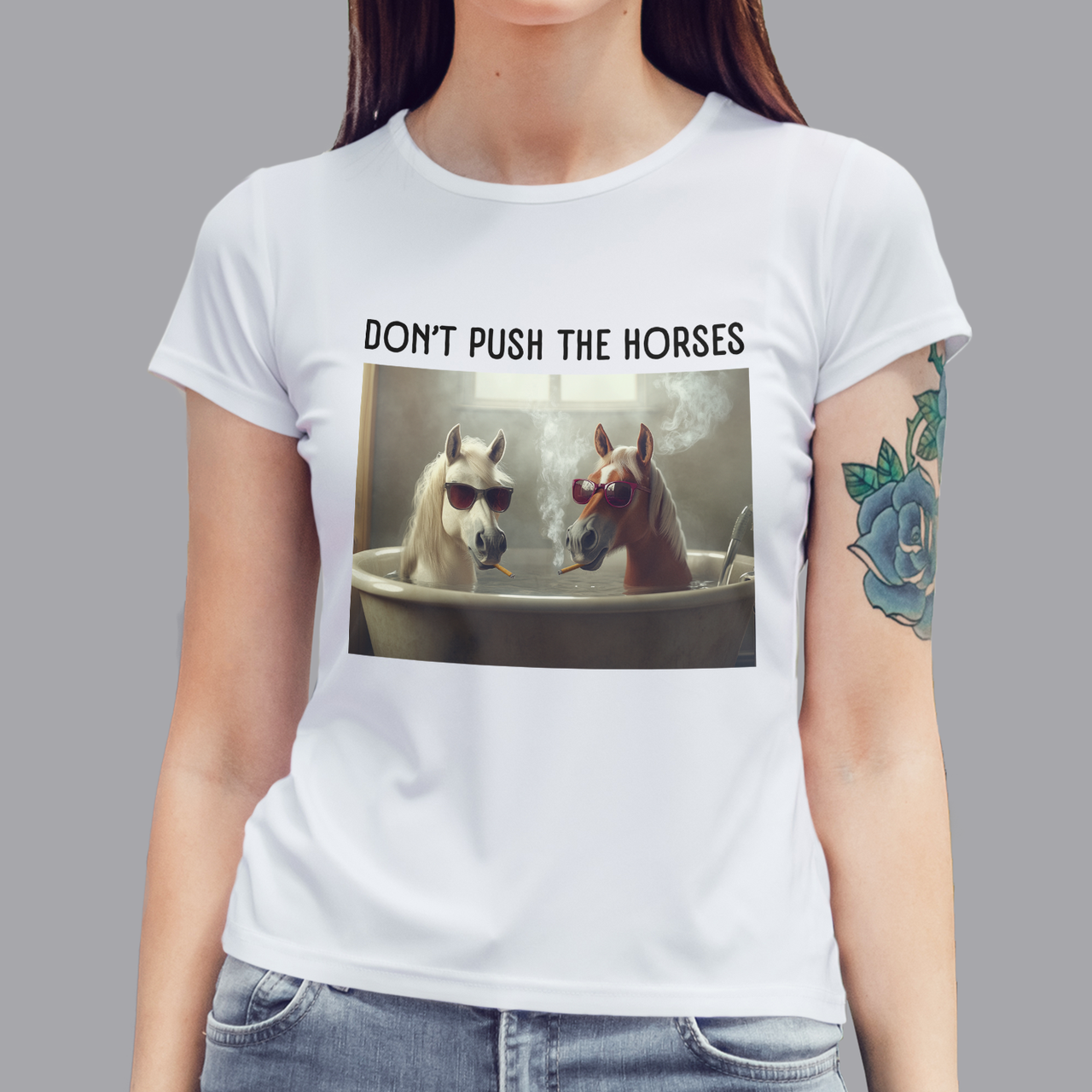 Жіноча футболка Don't push the horses, біла, фото 1