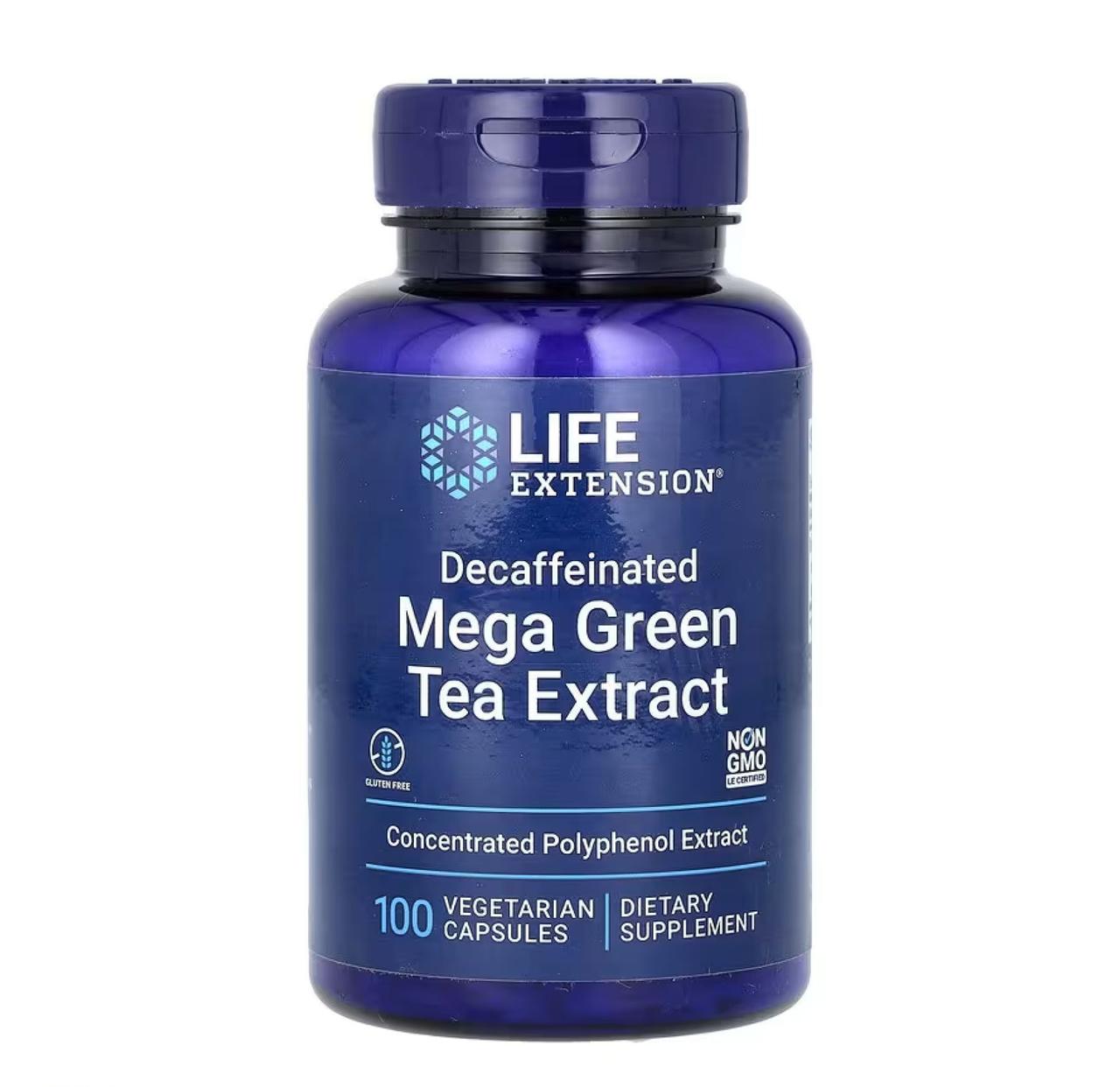 Екстракт зеленого чаю Life Extension Decaffeinated Mega Green Tea Extract, 100 вегетаріанських капсул, фото 1
