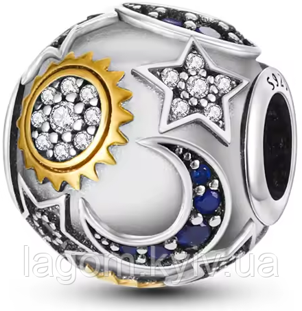 Срібний шарм-підвіска в стилі PANDORA 925 проба Star&Sun&Moon Зірка, Сонце та Місяць намистина-кулон ПАНДОРА, фото 1