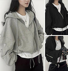 Жіноче укорочене худі на блискавці оверсайз із капюшоном молодіжне із затяжками, сіре, чорне, розмір 42/48