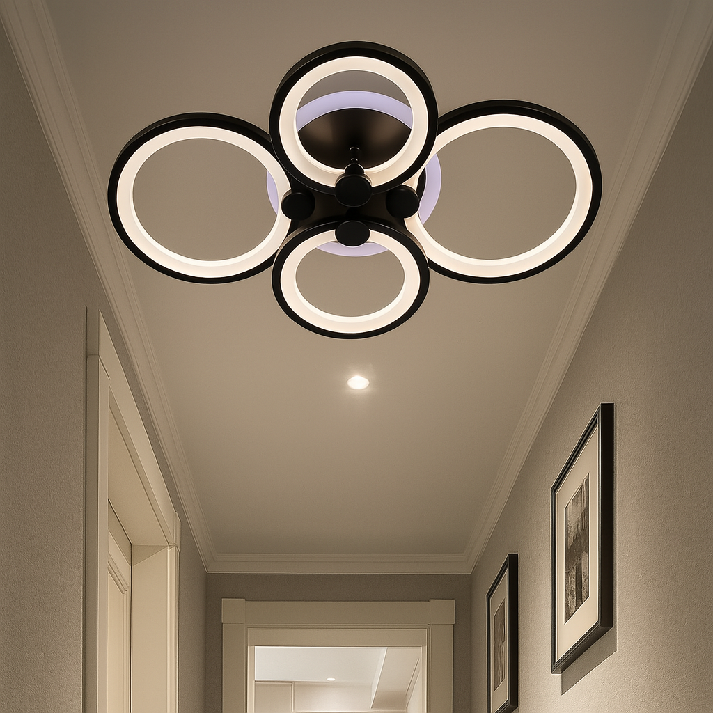 Люстра світлодіодна з пультом на 4 режими чорні кола з кольоровим підсвічуванням для спальні, фото 1