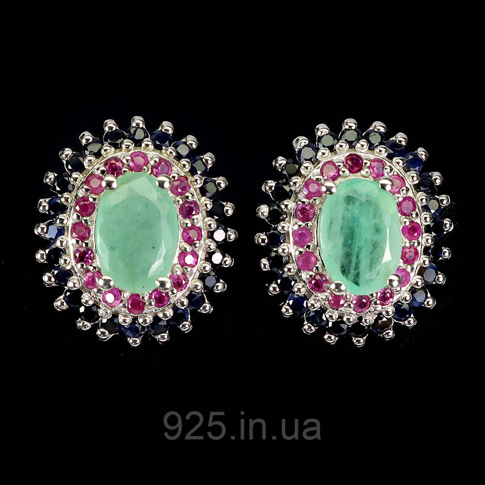 Сережки. Натуральний смарагд, сапфір і рубін. Срібло 925., фото 1