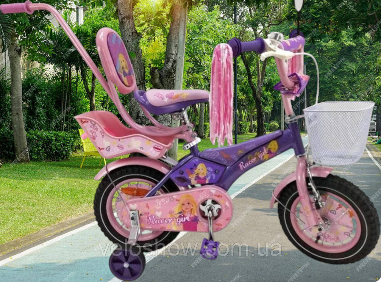 Дитячий сталевий 12 Racer Girl велосипед із батьківською ручкою, фіолетовий для дівчинки, фото 1
