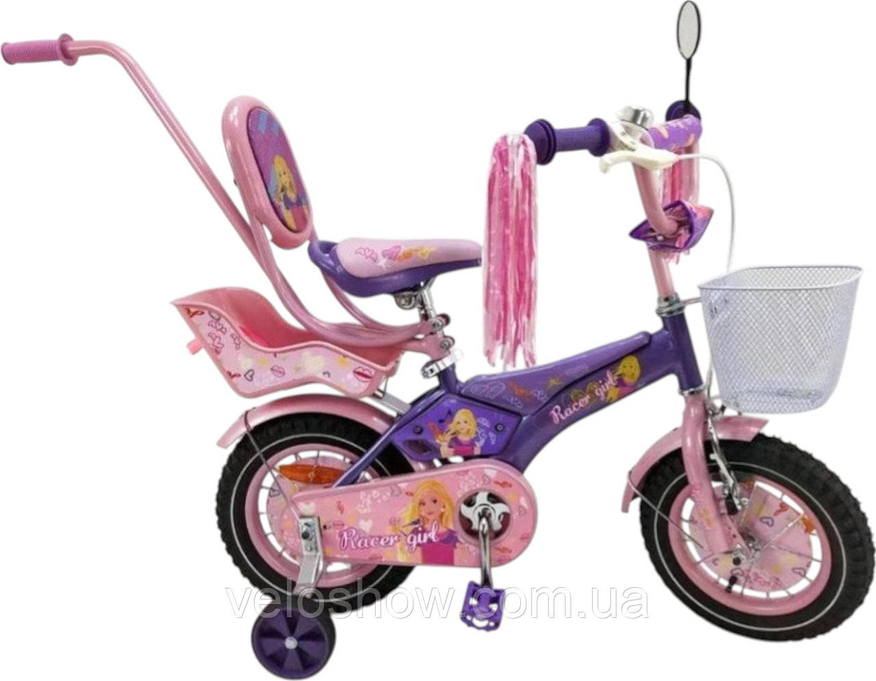 Дитячий сталевий 14 Racer Girl велосипед із батьківською ручкою, фіолетовий для дівчинки, фото 1