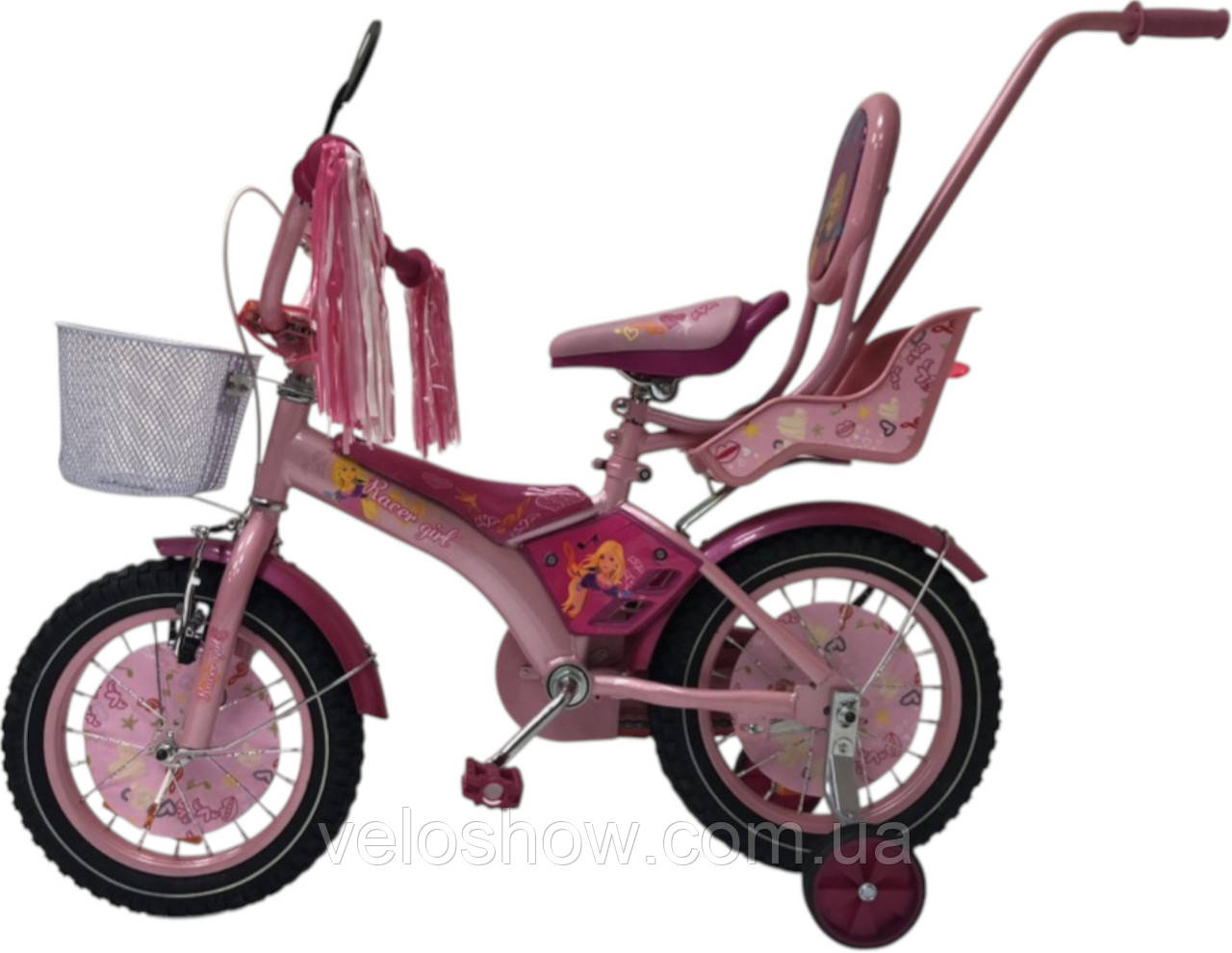 Дитячий сталевий 14 Racer Girl велосипед із батьківською ручкою, рожевий для дівчинки, фото 1
