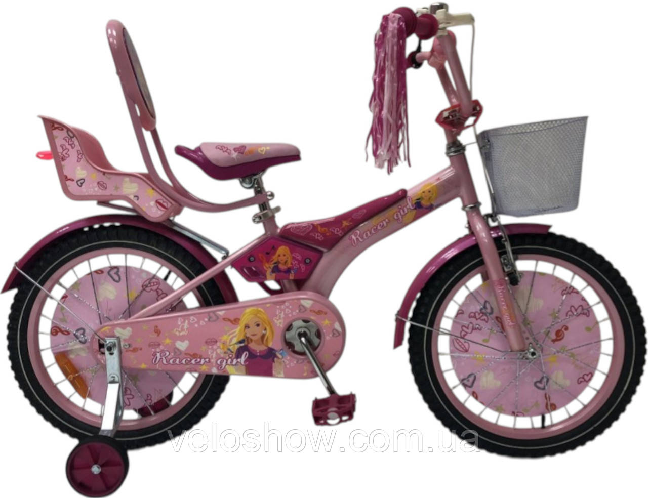 Дитячий сталевий 16 Racer Girl велосипед із багажником для ляльок, рожевий для дівчинки, фото 1