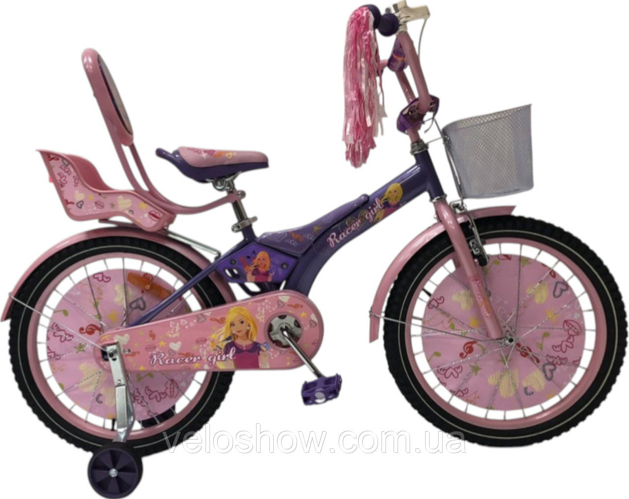 Дитячий сталевий 20 Racer Girl велосипед із багажником для ляльок і кошиком фіолетовий для дівчинки, фото 1