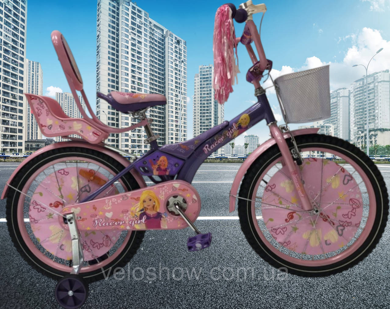 Дитячий сталевий 16 Racer Girl велосипед із багажником для ляльок, фіолетовий для дівчинки, фото 1