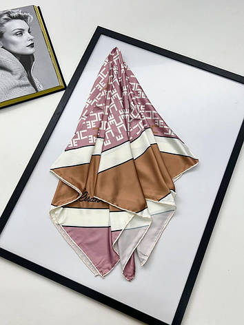 Шовкова хустка Elisabetta Franchi 90*90 см коричнева ручна обробка краю, фото 2