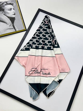Шовкова хустка Elisabetta Franchi 90*90 см пудра/чорний ручна обробка краю, фото 2