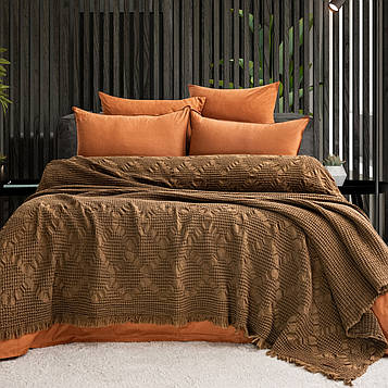 Комплект бавовняної постільної білизни поплін з покривалом-пледом євро розмір Туреччина Nijuu